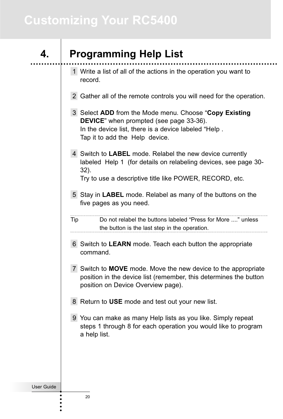 Customizing your rc5400, Programming help list | Marantz RC5400 User Manual | Page 24 / 68