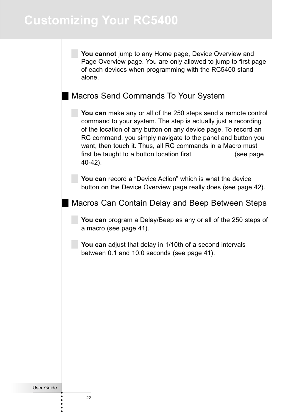 Customizing your rc5400, Macros send commands to your system, Macros can contain delay and beep between steps | Marantz RC5400 User Manual | Page 26 / 68