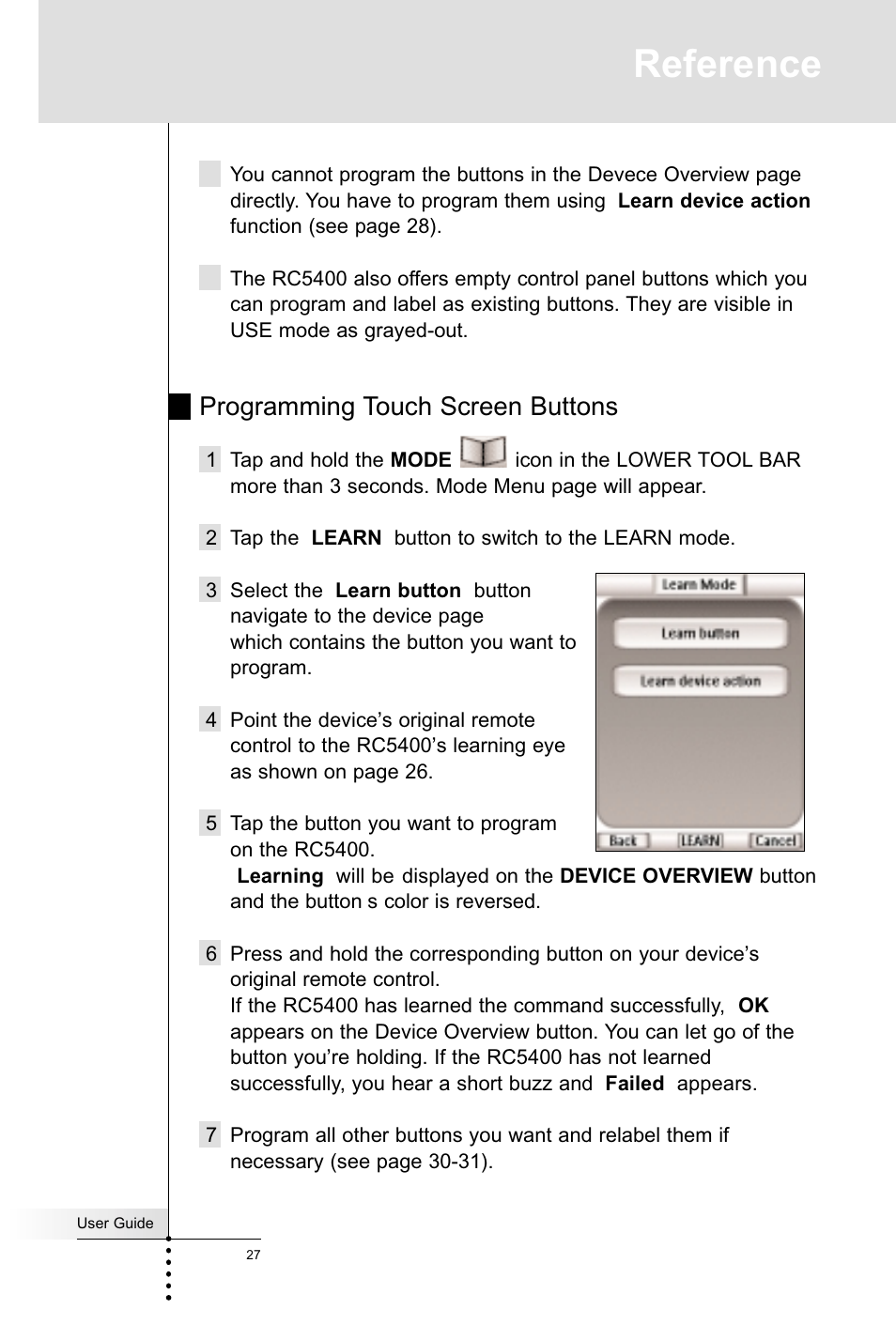 Reference, Programming touch screen buttons | Marantz RC5400 User Manual | Page 31 / 68