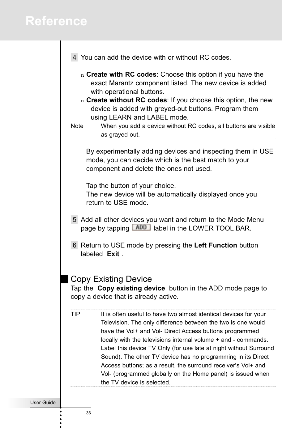 Reference, Copy existing device | Marantz RC5400 User Manual | Page 40 / 68