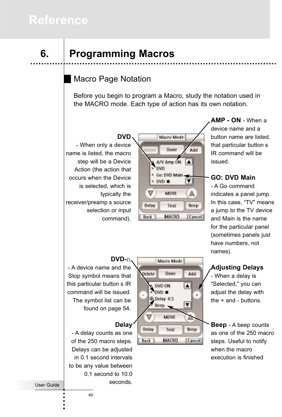 Reference, Programming macros, Macro page notation | Marantz RC5400 User Manual | Page 44 / 68