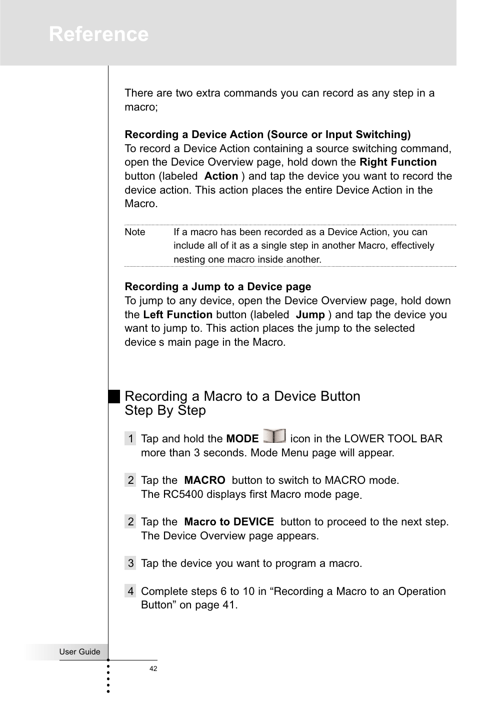 Reference, Recording a macro to a device button step by step | Marantz RC5400 User Manual | Page 46 / 68