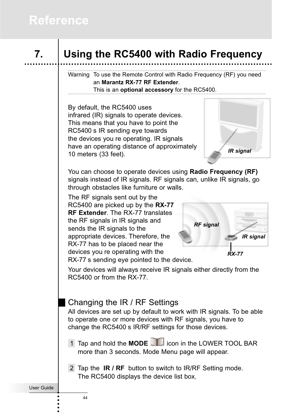 Reference, Using the rc5400 with radio frequency, Changing the ir / rf settings | Marantz RC5400 User Manual | Page 48 / 68