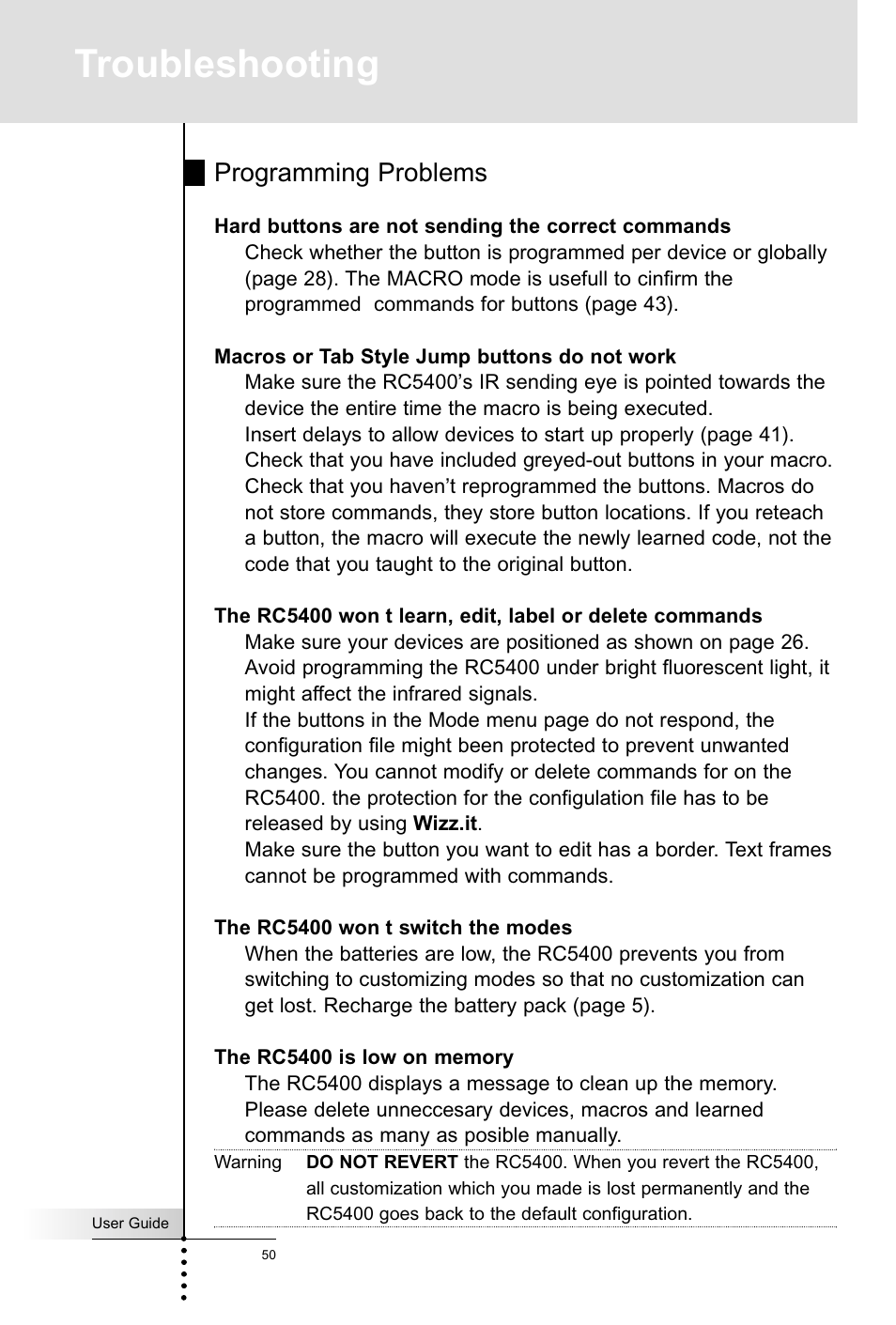 Troubleshooting, Programming problems | Marantz RC5400 User Manual | Page 54 / 68