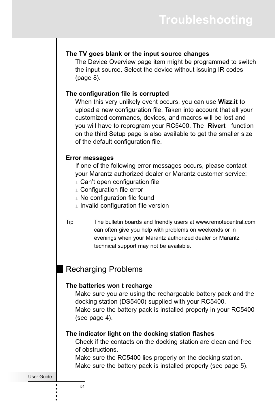 Troubleshooting, Recharging problems | Marantz RC5400 User Manual | Page 55 / 68