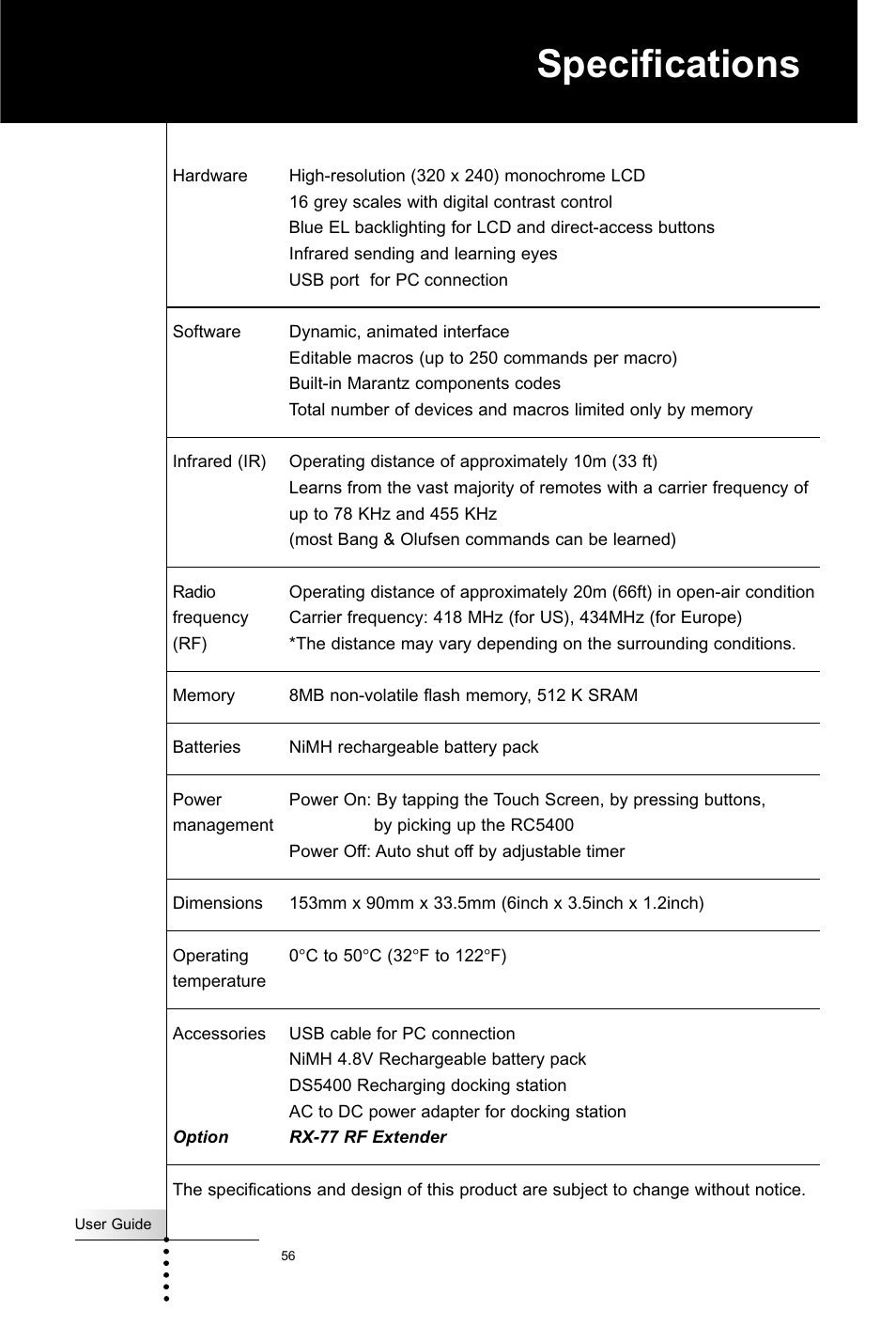 Specifications | Marantz RC5400 User Manual | Page 60 / 68