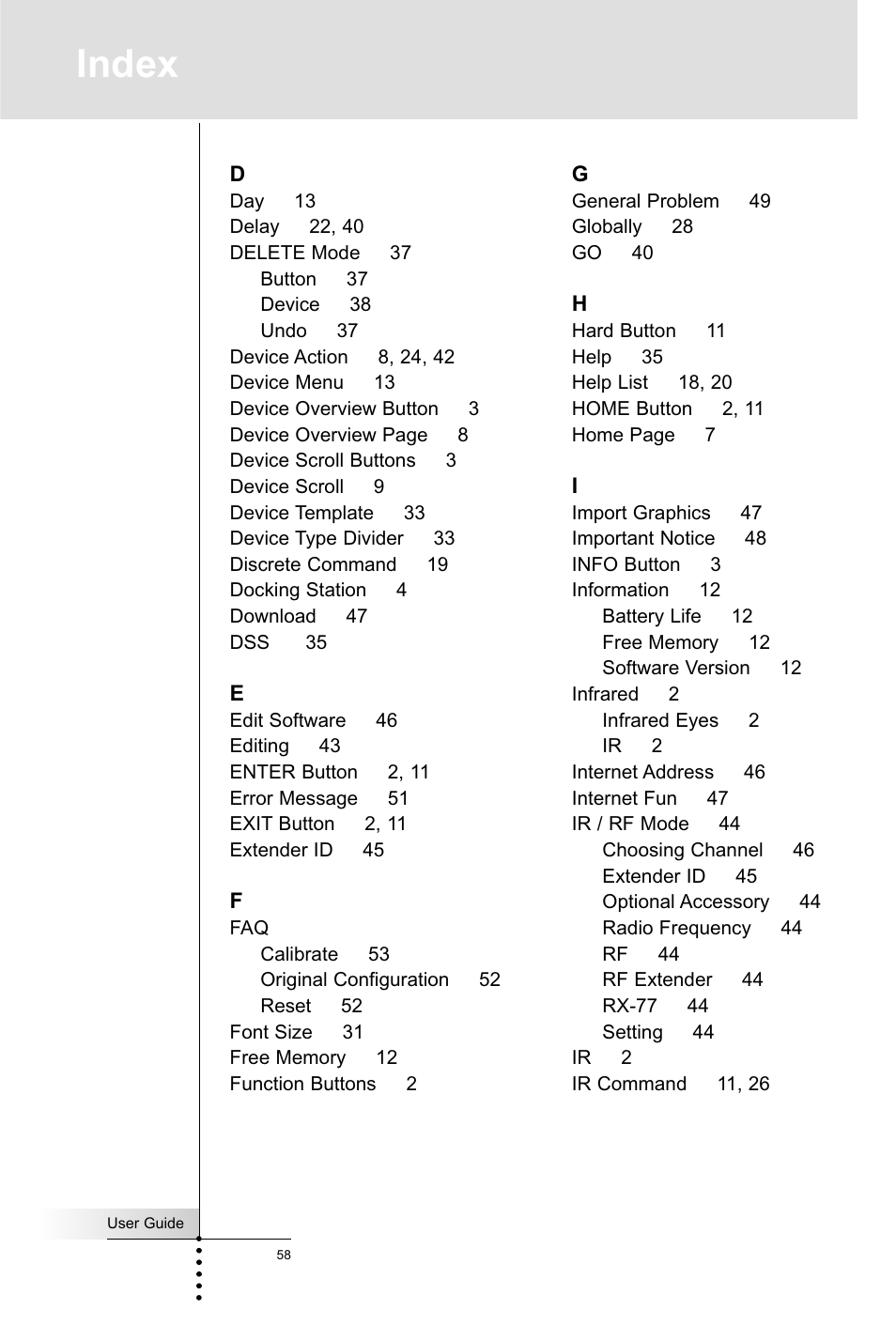 Index | Marantz RC5400 User Manual | Page 62 / 68