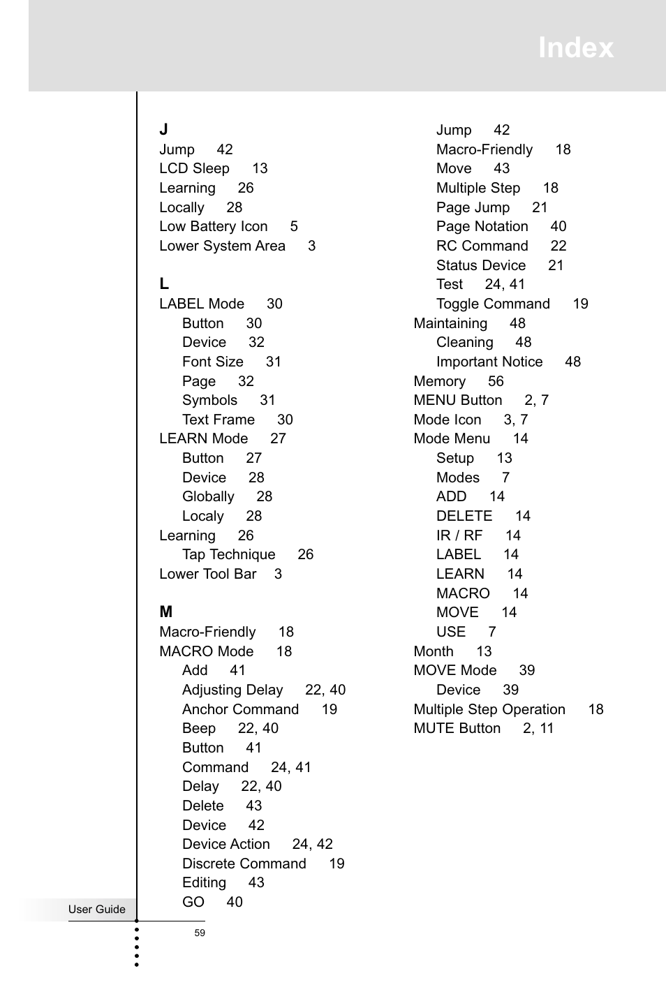 Index | Marantz RC5400 User Manual | Page 63 / 68