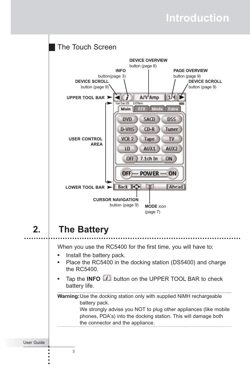 Introduction, The battery, The touch screen | Marantz RC5400 User Manual | Page 7 / 68