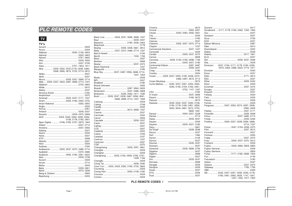 Plc remote codes | Marantz ZR6001 User Manual | Page 45 / 56