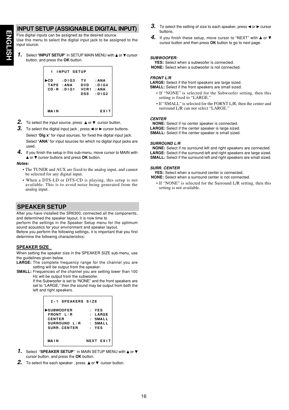 English, Input setup (assignable digital input), Speaker setup | Marantz SR6300 User Manual | Page 21 / 43