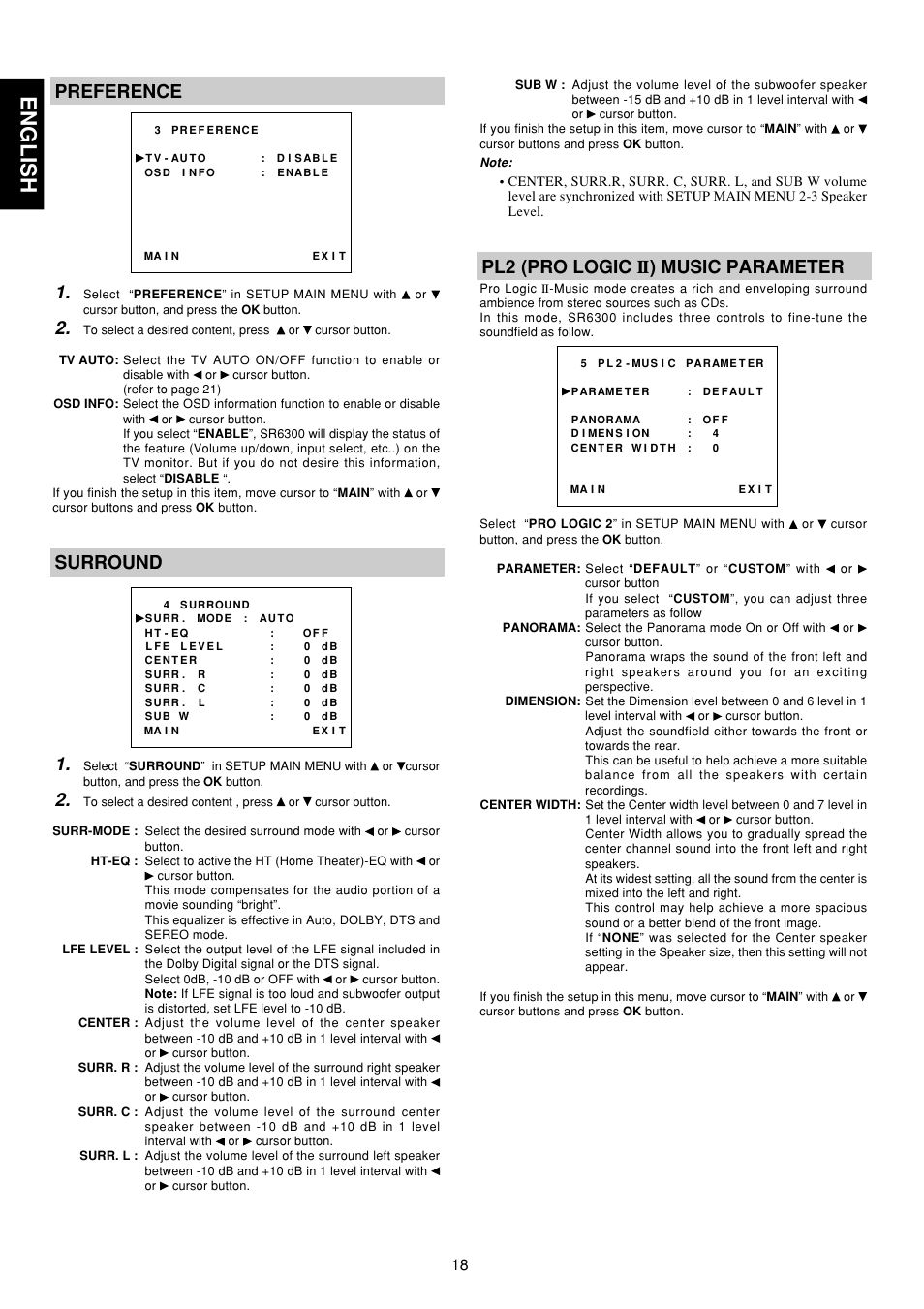 English, Preference 1, Surround 1 | Pl2 (pro logic ii) music parameter | Marantz SR6300 User Manual | Page 23 / 43
