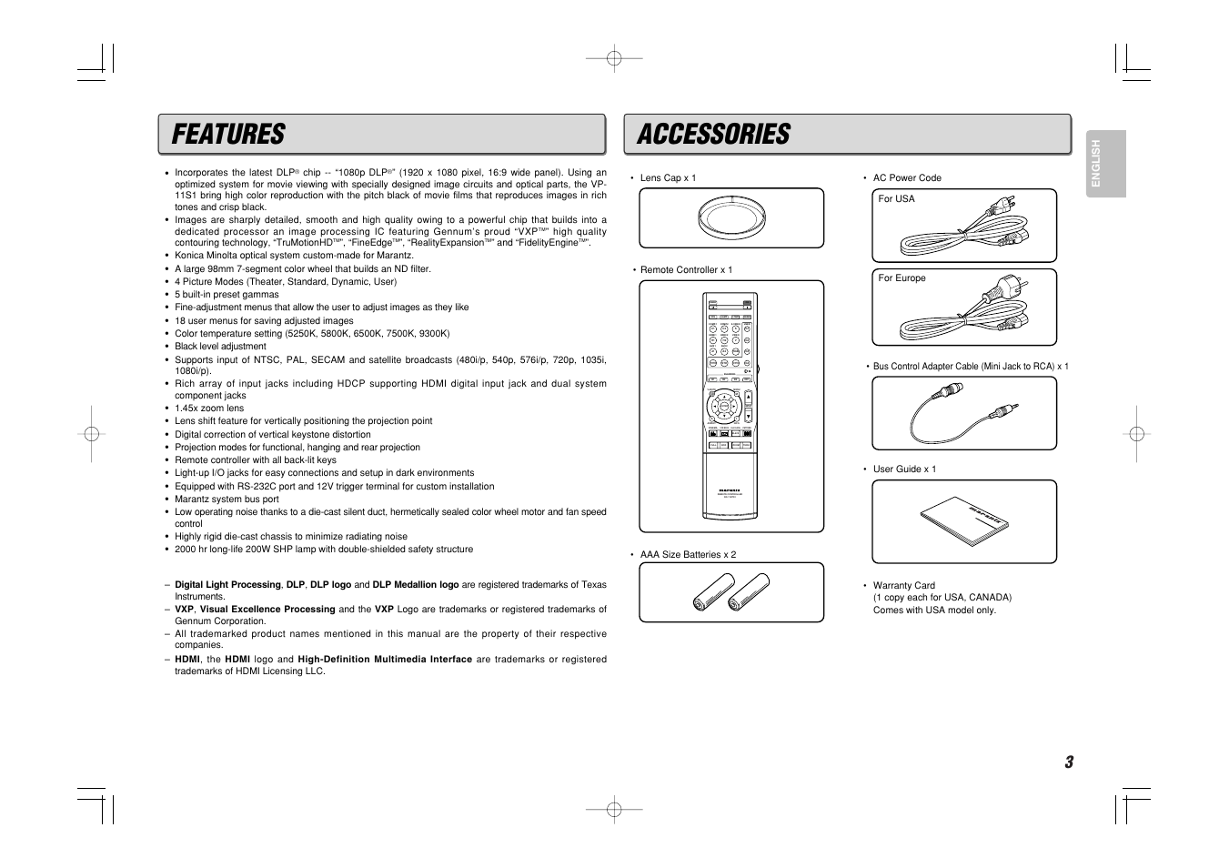 Features, Accessories | Marantz VP-11S1 User Manual | Page 11 / 43