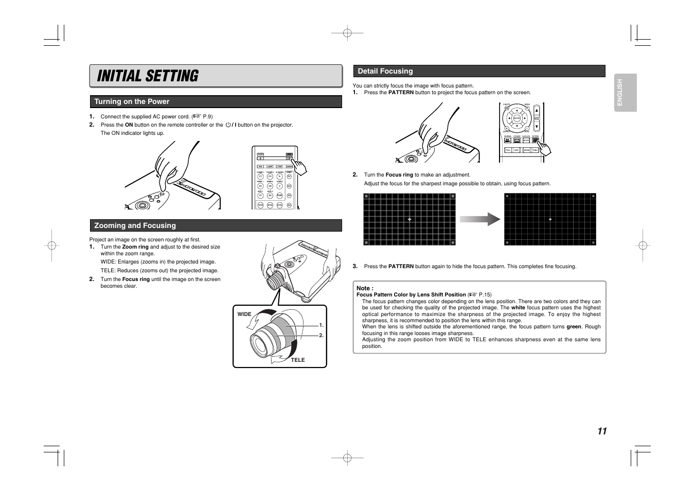 Initial setting, Zooming and focusing, Turning on the power | Detail focusing | Marantz VP-11S1 User Manual | Page 19 / 43