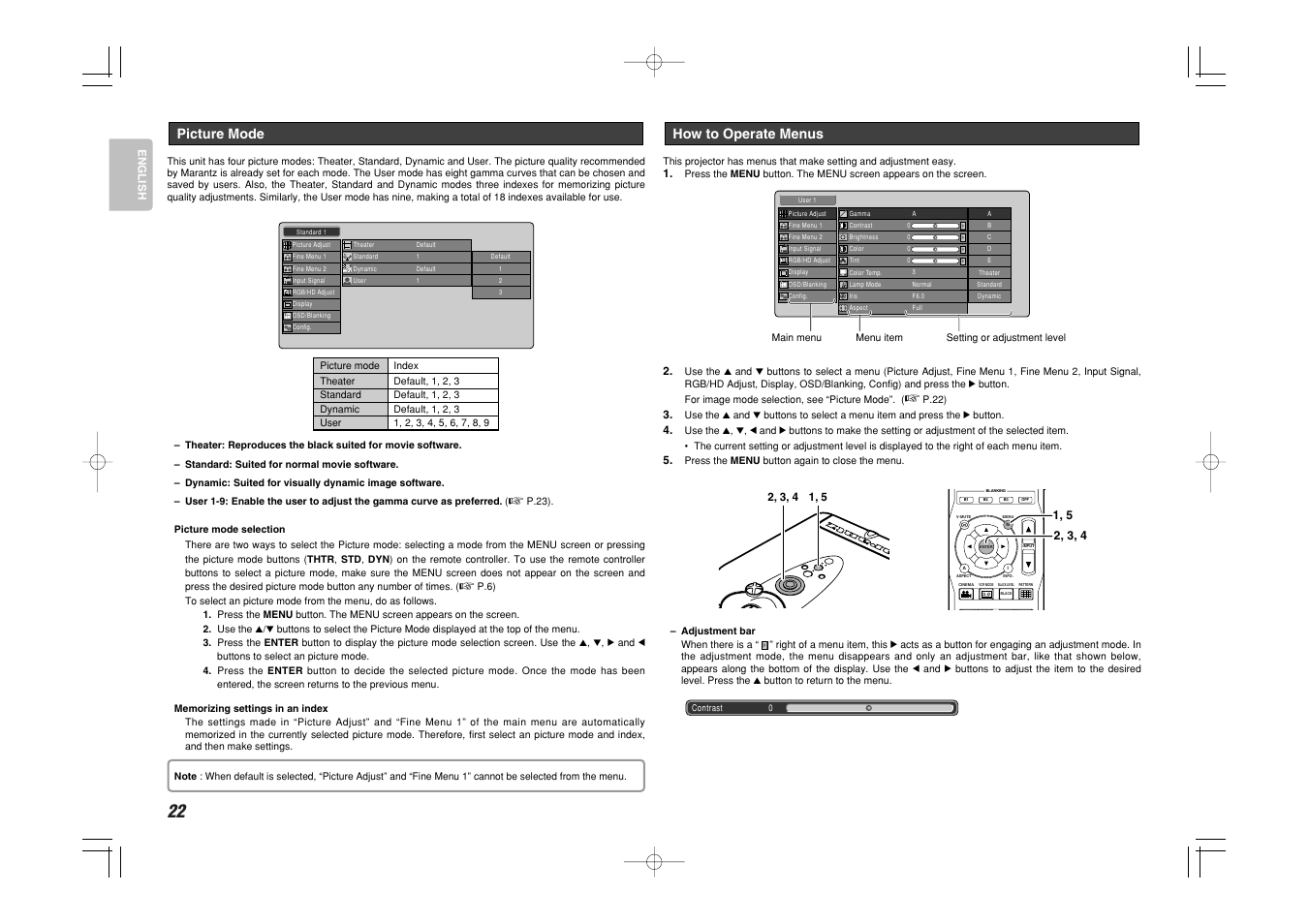 How to operate menus, Picture mode | Marantz VP-11S1 User Manual | Page 30 / 43