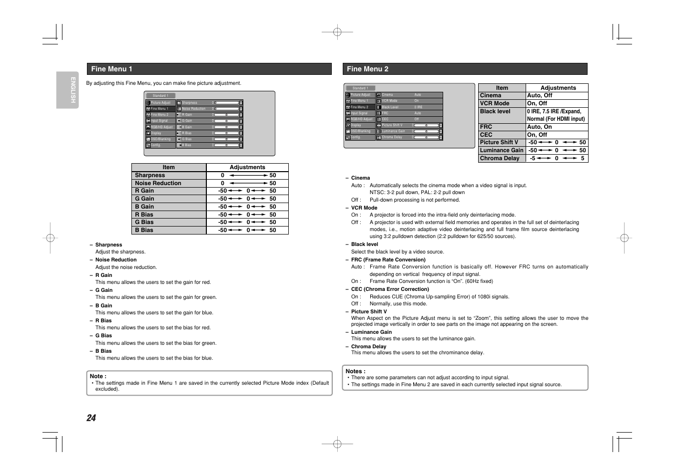 Fine menu 2, Fine menu 1 | Marantz VP-11S1 User Manual | Page 32 / 43