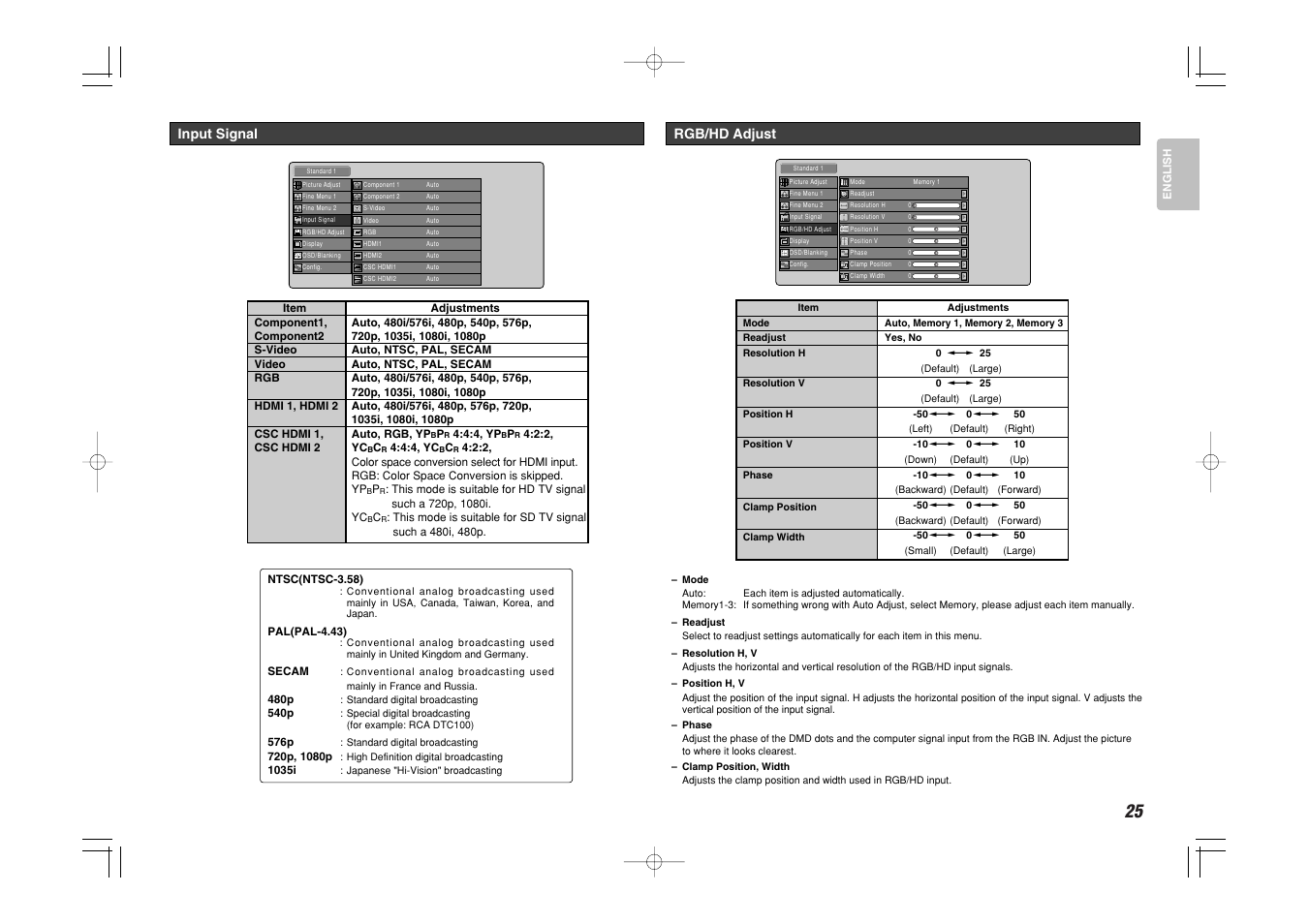 Input signal, Rgb/hd adjust | Marantz VP-11S1 User Manual | Page 33 / 43