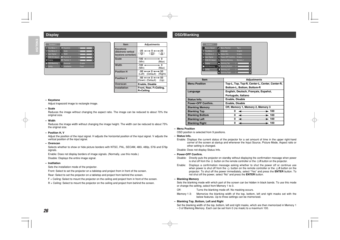 Display, Osd/blanking | Marantz VP-11S1 User Manual | Page 34 / 43