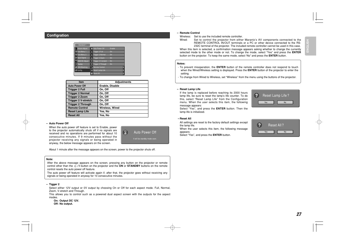 Configration, Reset lamp life ? reset all, Auto power off | Marantz VP-11S1 User Manual | Page 35 / 43