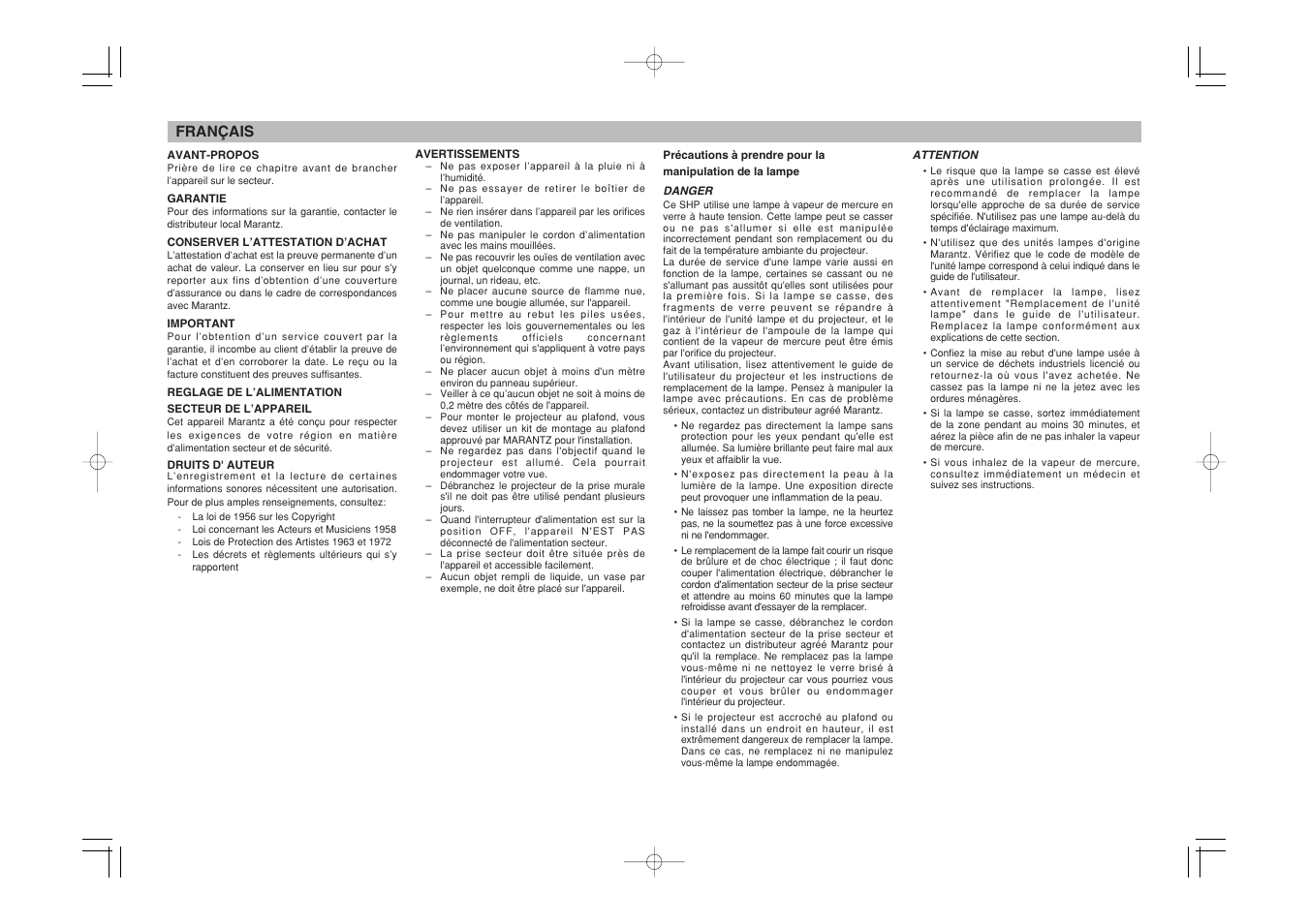 Français | Marantz VP-11S1 User Manual | Page 4 / 43