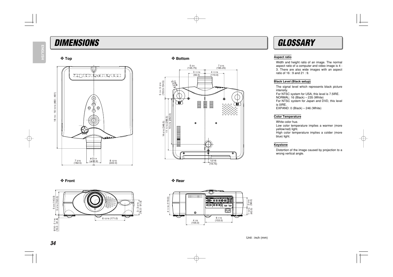 Dimensions, Glossary | Marantz VP-11S1 User Manual | Page 42 / 43