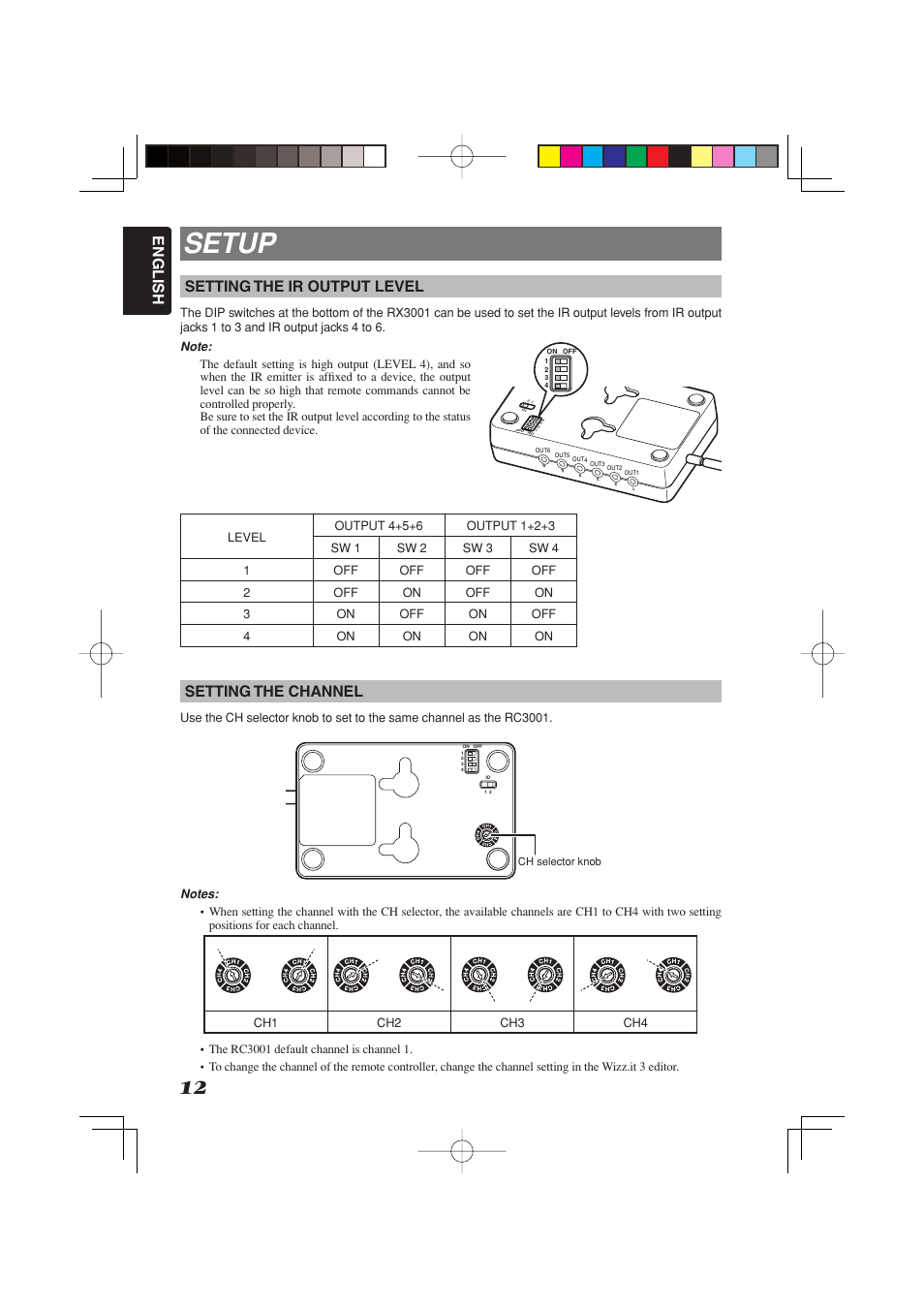Setup, English, Setting the ir output level | Setting the channel | Marantz RC3001 User Manual | Page 17 / 34