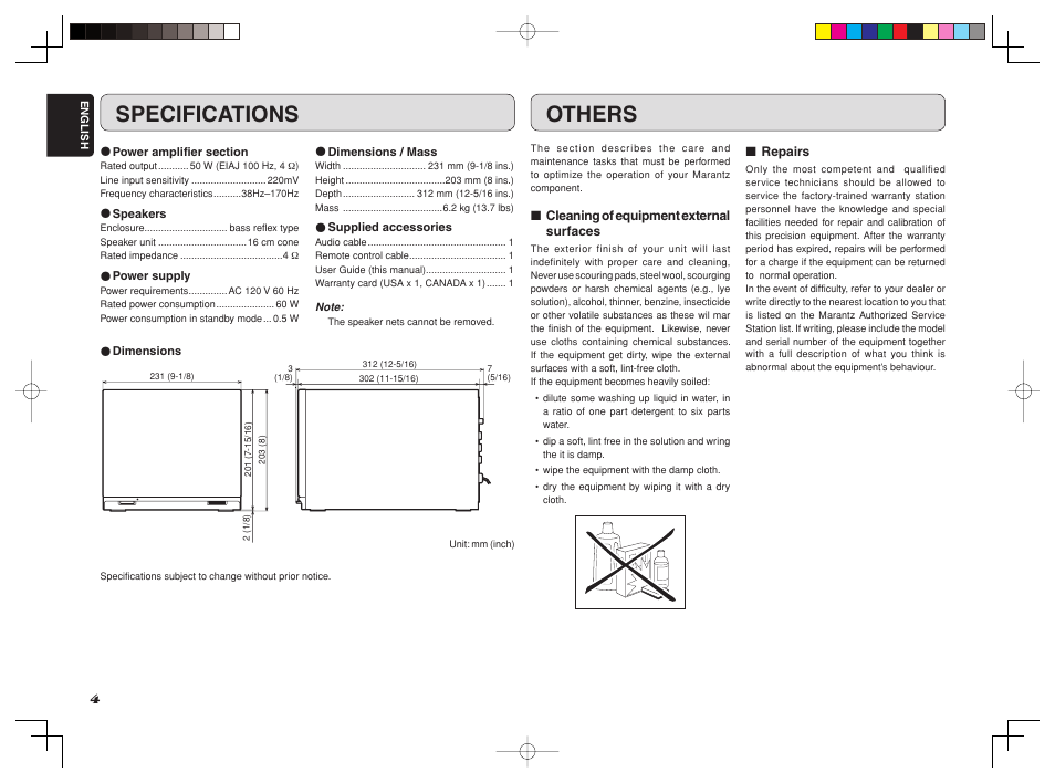 Others, Specifications | Marantz SW7001 User Manual | Page 6 / 7