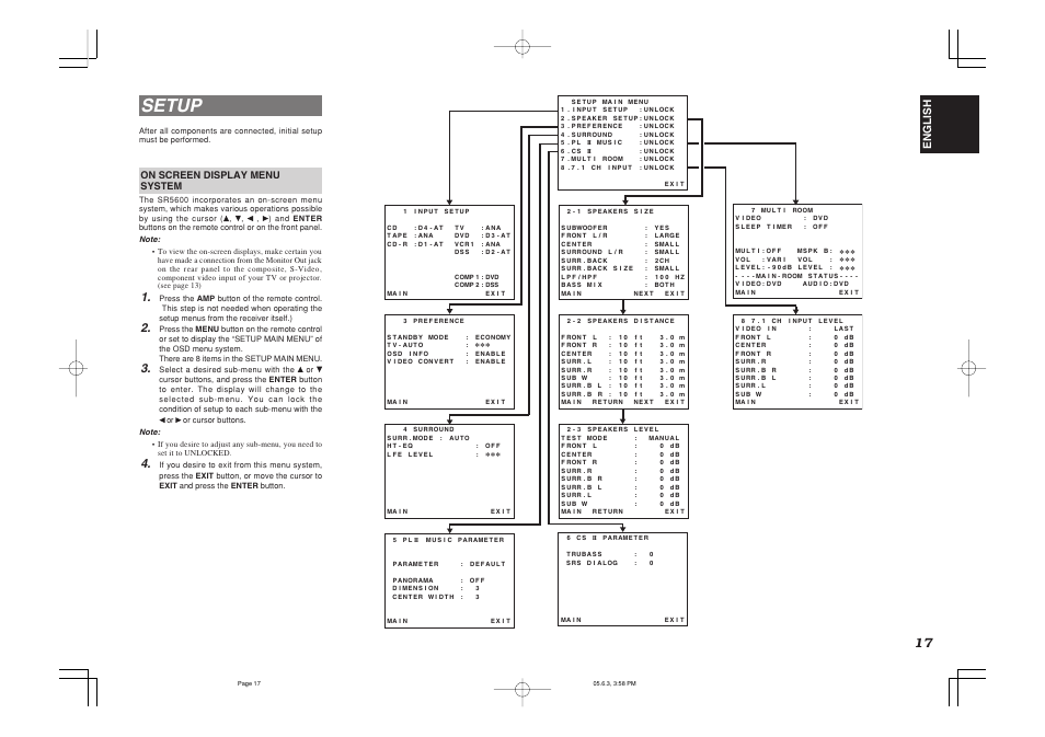 Setup, English, On screen display menu system | Marantz SR5600 User Manual | Page 21 / 42