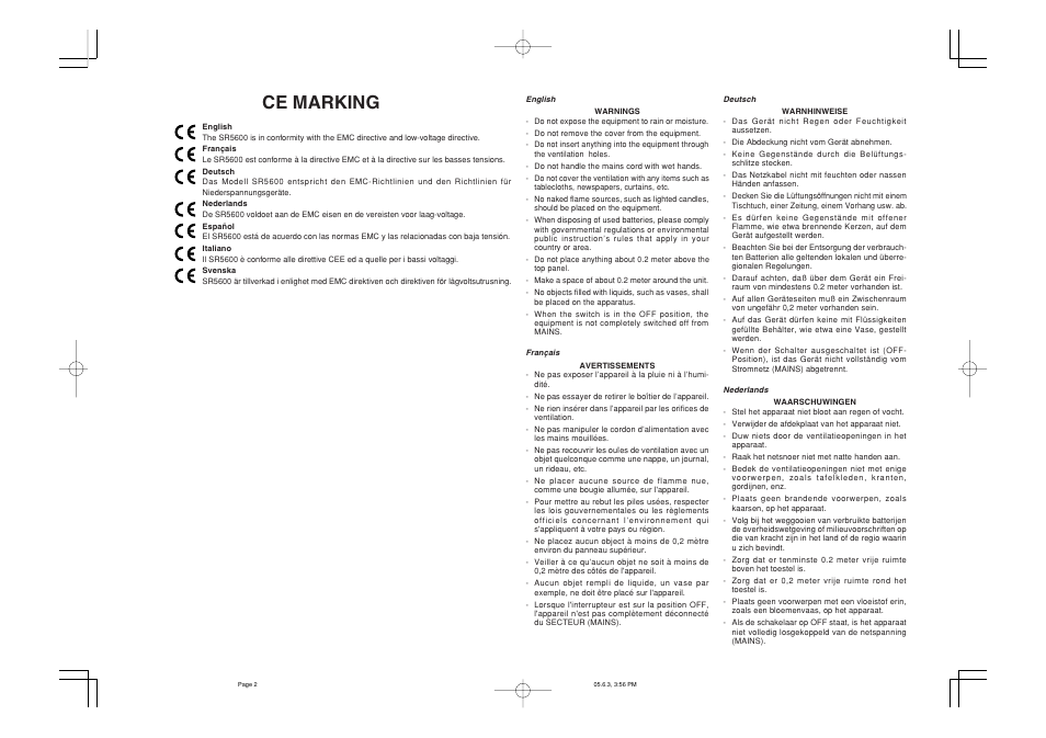 Ce marking | Marantz SR5600 User Manual | Page 3 / 42