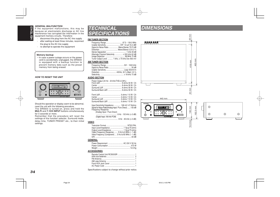 Technical specifications, Dimensions | Marantz SR5600 User Manual | Page 38 / 42