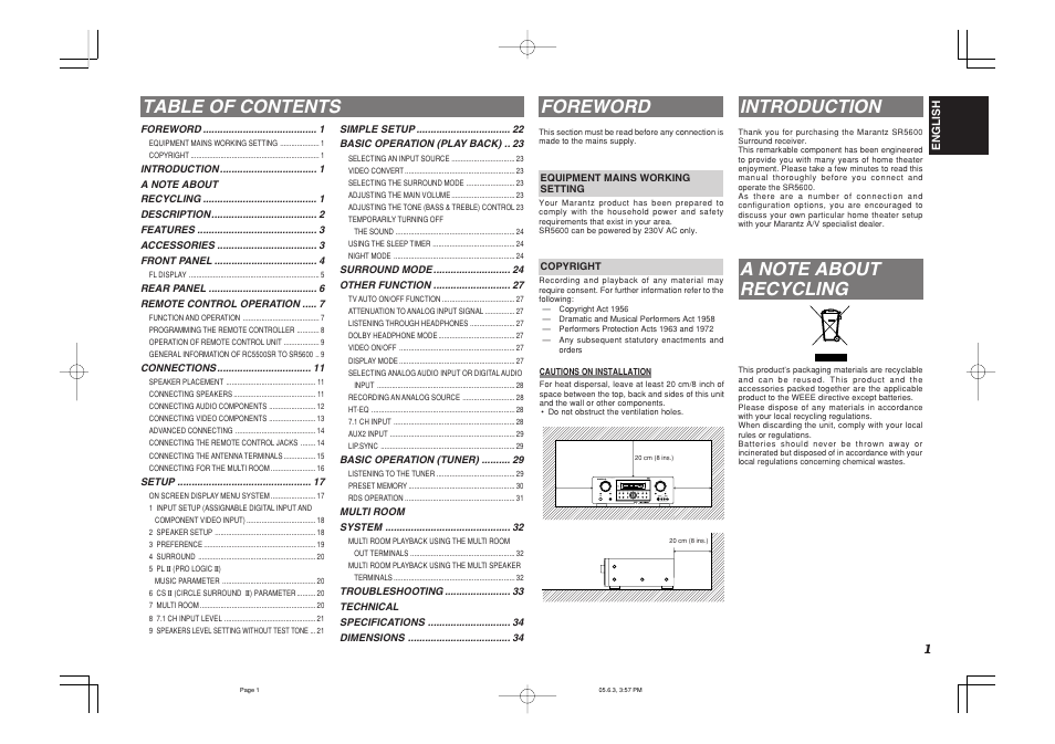 Table of contents foreword, Introduction | Marantz SR5600 User Manual | Page 5 / 42