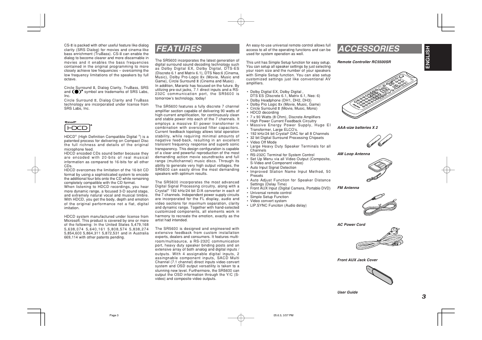 Features, Accessories, Vol. main vol.tv | Push | Marantz SR5600 User Manual | Page 7 / 42