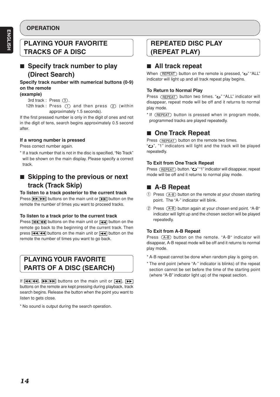 Playing your favorite parts of a disc (search), 7 one track repeat, 7 a-b repeat | Operation | Marantz SA-15S1 User Manual | Page 18 / 25