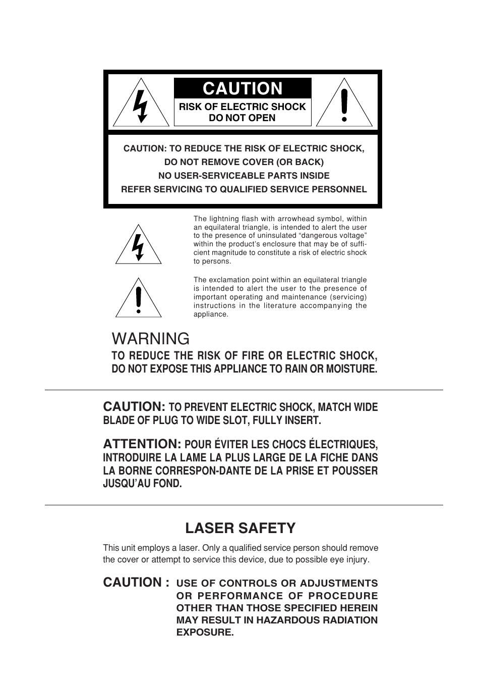 Warning, Laser safety, Caution | Attention | Marantz SA-15S1 User Manual | Page 2 / 25