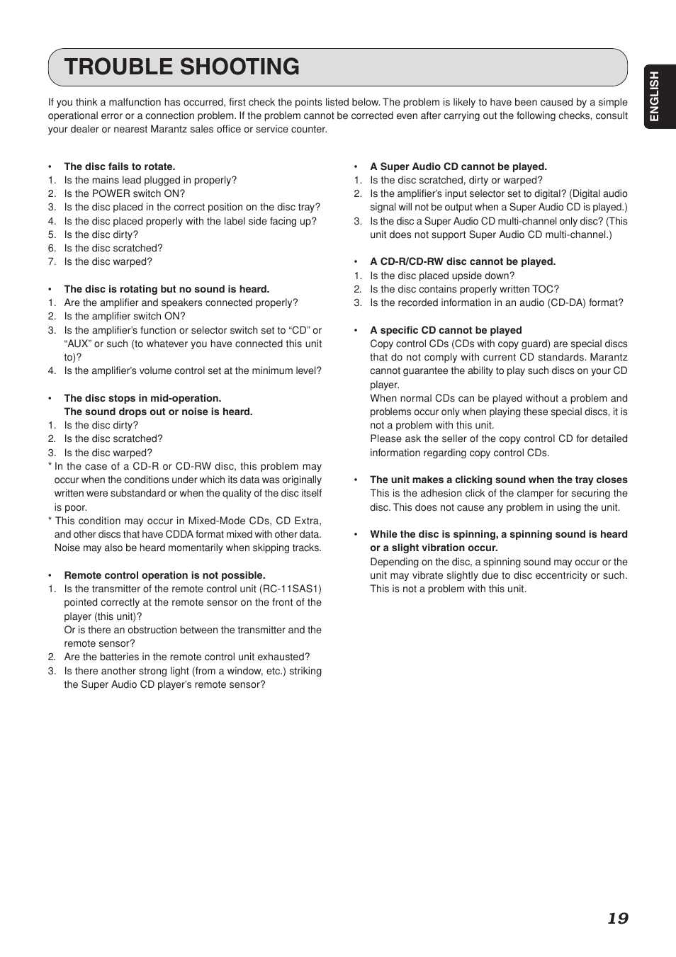 Trouble shooting | Marantz SA-15S1 User Manual | Page 23 / 25