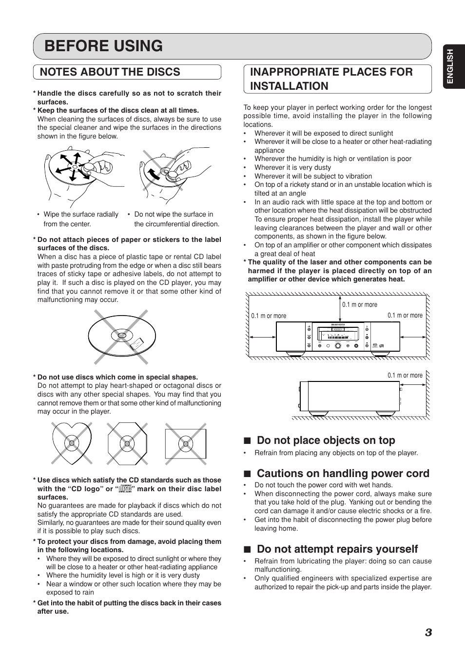 Before using, Inappropriate places for installation, 7 do not place objects on top | 7 cautions on handling power cord, 7 do not attempt repairs yourself | Marantz SA-15S1 User Manual | Page 7 / 25