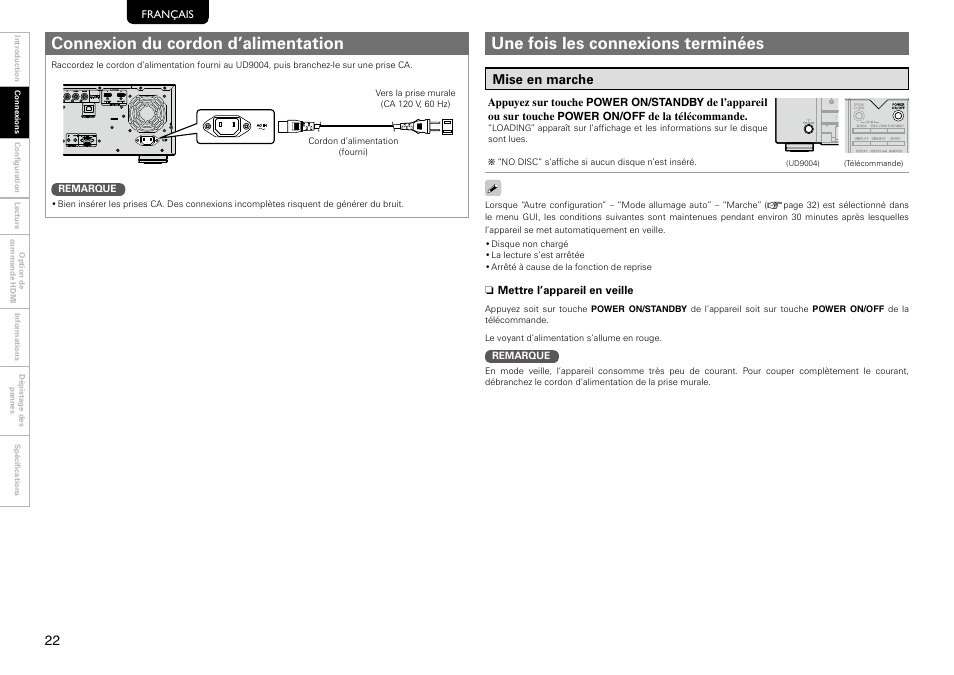 Connexion du cordon d’alimentation, Une fois les connexions terminées, Mise en marche | Marantz 541110297226M User Manual | Page 26 / 72