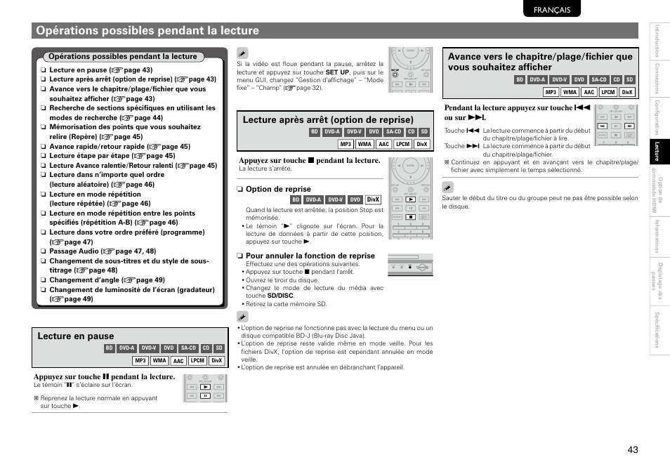 Opérations possibles pendant la lecture, Lecture en pause, Lecture après arrêt (option de reprise) | Marantz 541110297226M User Manual | Page 47 / 72