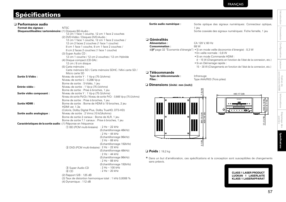 Spécifications | Marantz 541110297226M User Manual | Page 61 / 72