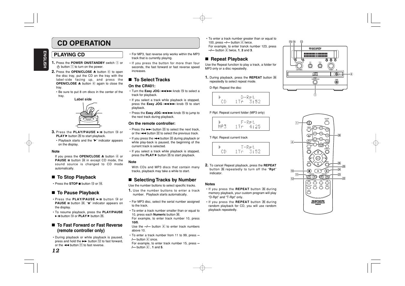 Cd operation, Standby, Playing cd | 7 to stop playback, 7 to pause playback, 7 to select tracks, 7 selecting tracks by number, 7 repeat playback | Marantz CR401 User Manual | Page 16 / 29