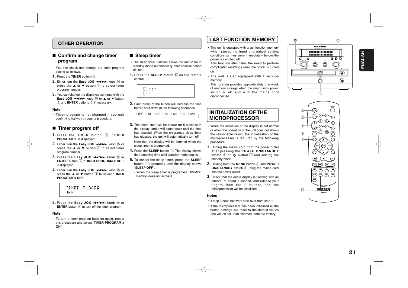 Standby, Initialization of the microprocessor, 7 confirm and change timer program | 7 timer program off, 7 sleep timer, Other operation | Marantz CR401 User Manual | Page 25 / 29