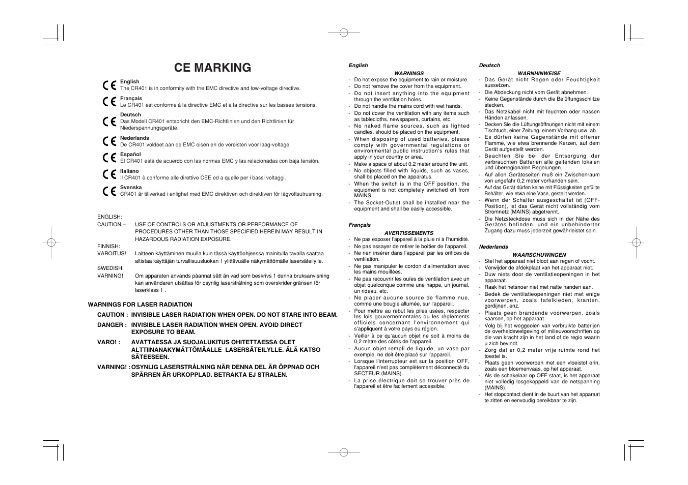 Ce marking | Marantz CR401 User Manual | Page 3 / 29