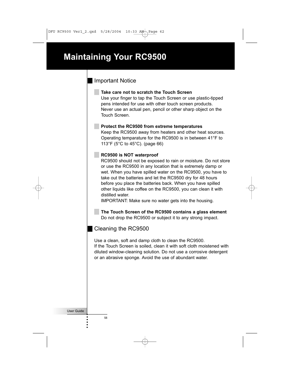 Maintaining your rc9500 | Marantz RC9500 User Manual | Page 62 / 78