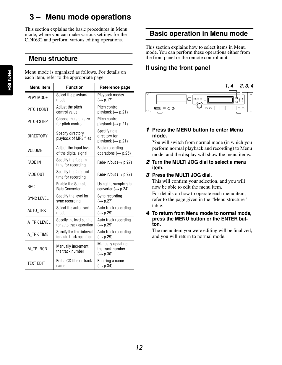 3 – menu mode operations, Menu structure, Basic operation in menu mode | If using the front panel | Marantz CDR632 User Manual | Page 12 / 40