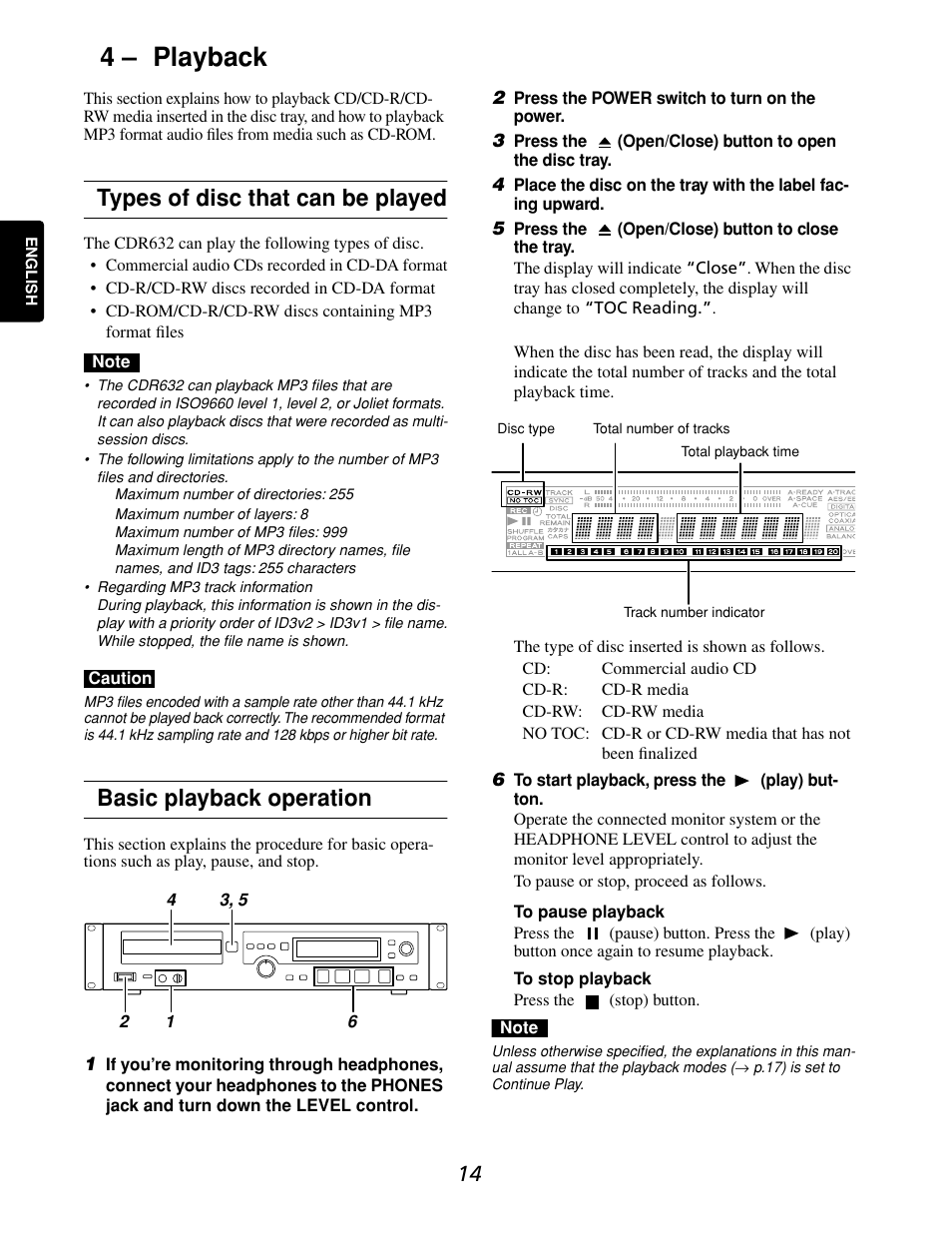 4 – playback, Types of disc that can be played, Basic playback operation | Marantz CDR632 User Manual | Page 14 / 40