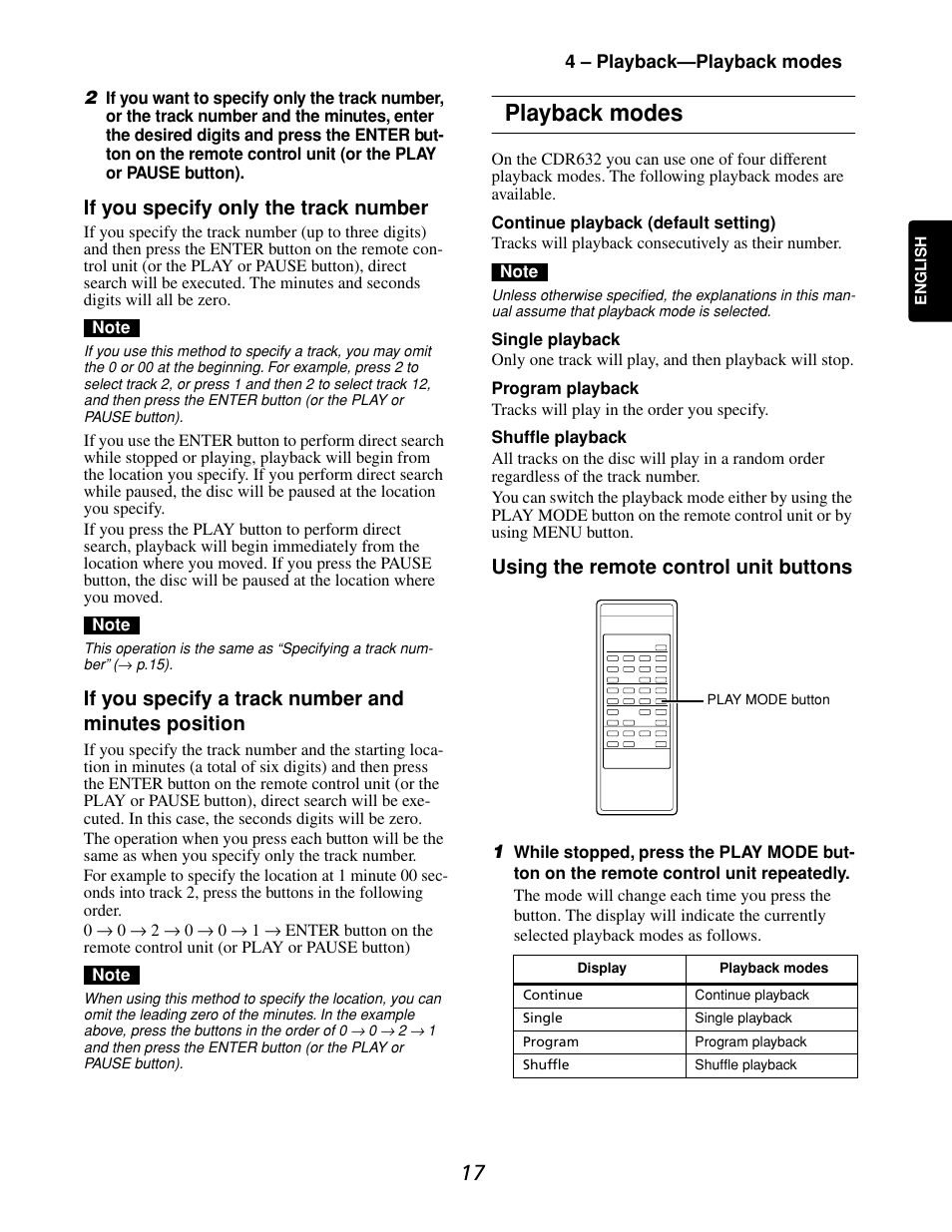 Playback modes, If you specify only the track number, If you specify a track number and minutes position | Using the remote control unit buttons | Marantz CDR632 User Manual | Page 17 / 40