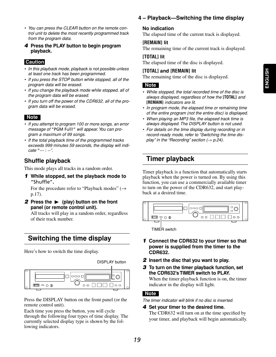 Switching the time display, Timer playback, Shuffle playback | Marantz CDR632 User Manual | Page 19 / 40