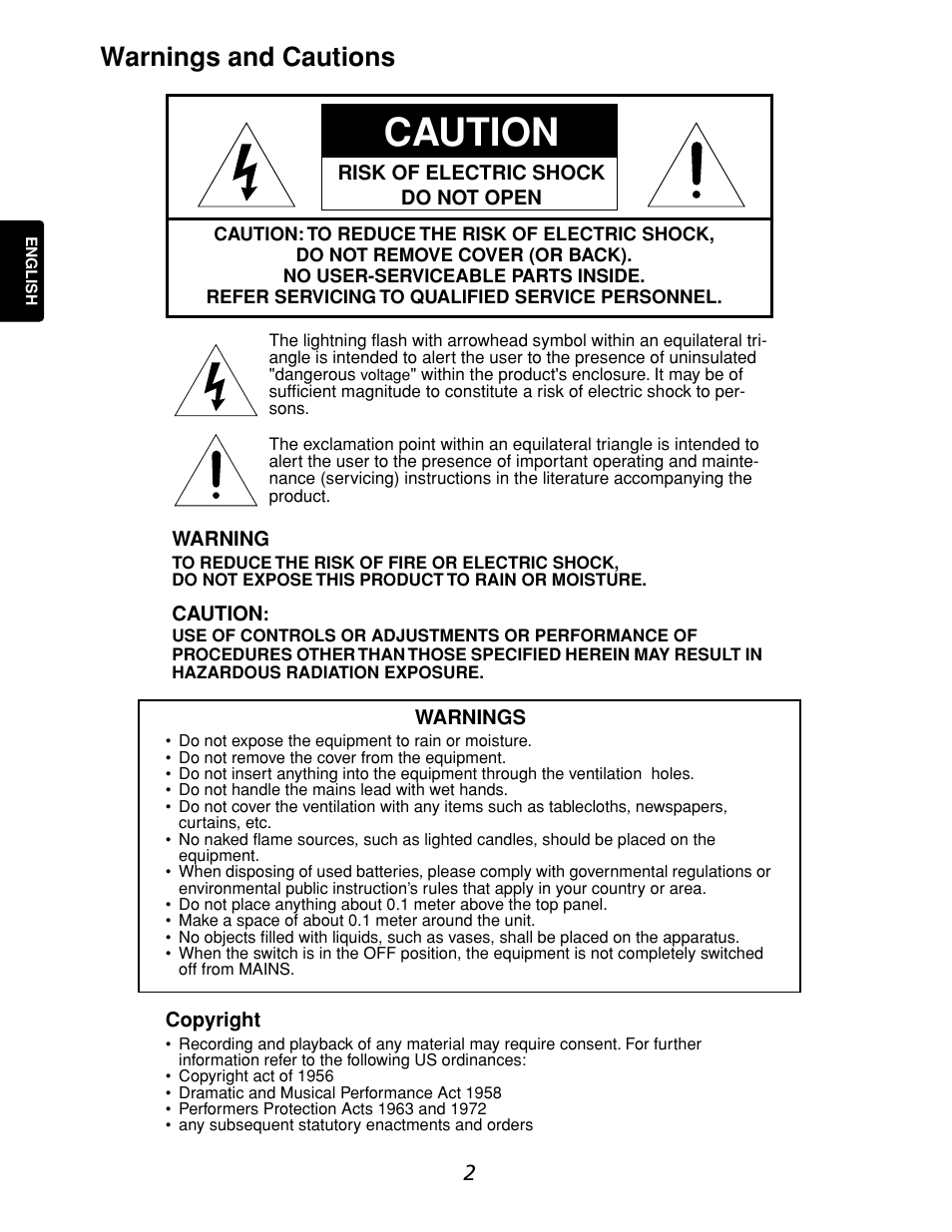 Caution, Warnings and cautions | Marantz CDR632 User Manual | Page 2 / 40