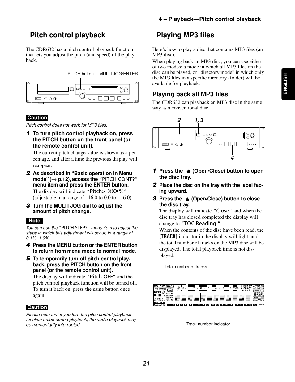 Pitch control playback, Playing mp3 files | Marantz CDR632 User Manual | Page 21 / 40