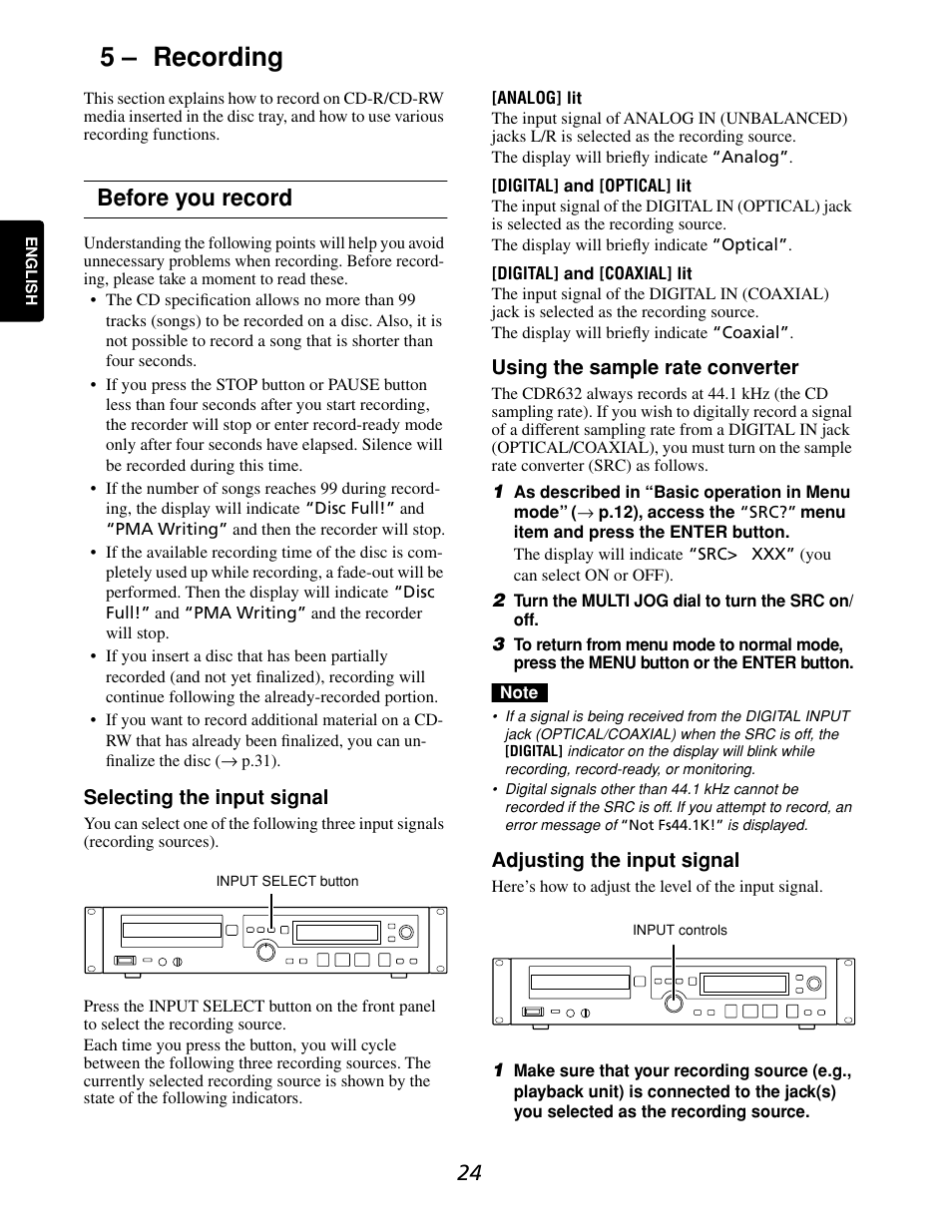 5 – recording, Before you record | Marantz CDR632 User Manual | Page 24 / 40